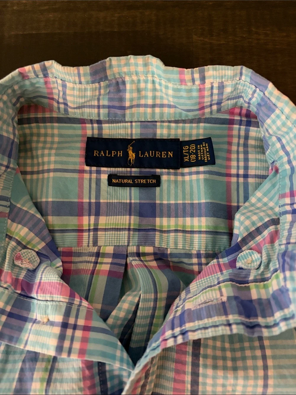 Ralph Lauren Blue Pastel Plaid Natural Stretch Button Down Shirt Size XL (18/20)